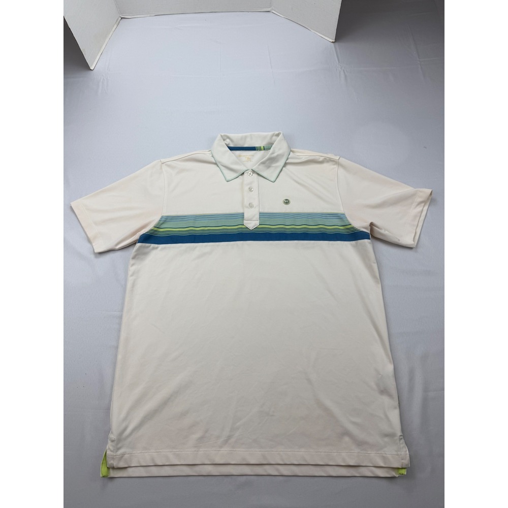 Wimbledon Polo‎ Shirt Mens Large Cream Blue Green Striped Cool Plus Performance